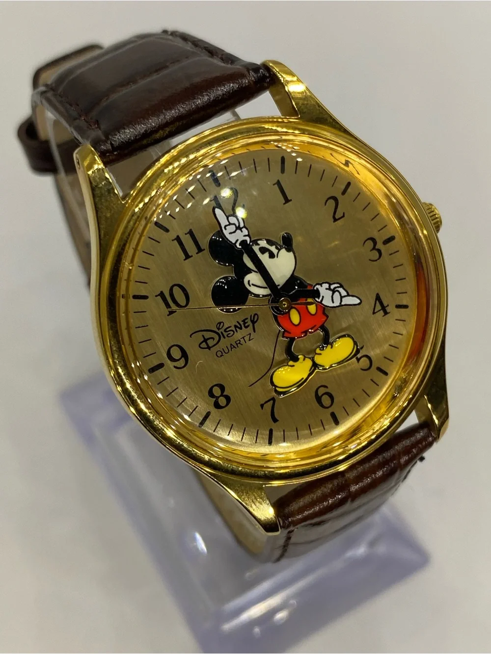 Men’s * Disney ^^^ 3d Mickey Mouse Gold Tone Quartz Watch” Tan Leather Strap ***